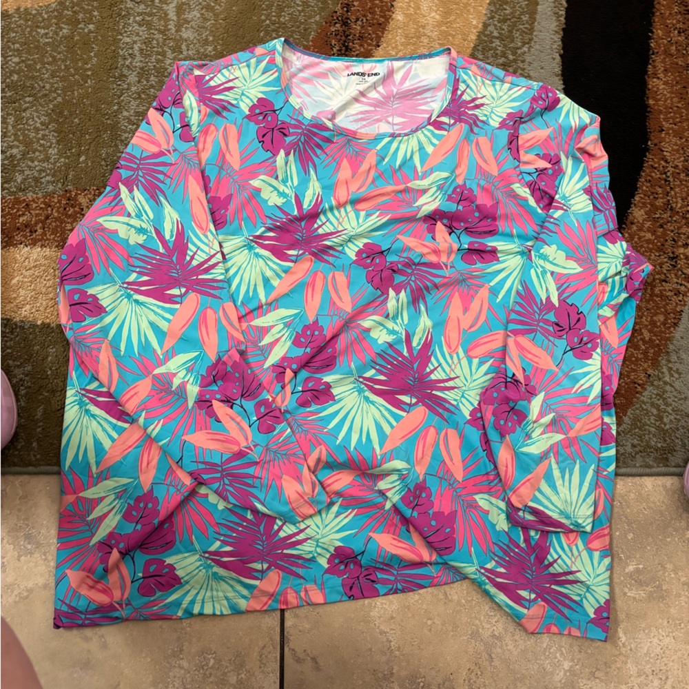 Lands' End Women's Long Sleeve Tropical Floral active tee - Teal, Pink